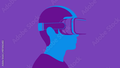 Person Wearing Virtual Reality Headset, Futuristic Technology Concept, Blue and Purple Tones