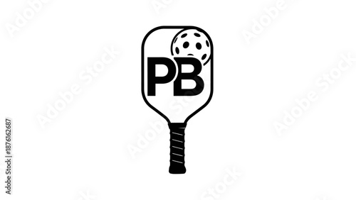 Pickleball paddle with PB logo and ball icon, minimalist vector graphic
