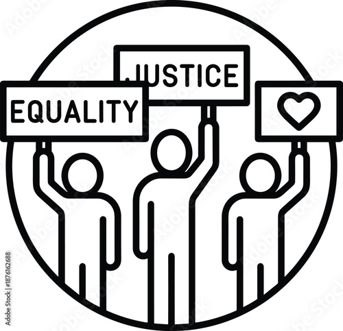 Social justice equality illustration, human rights concept, people holding justice equality love signs, diversity inclusion symbol, activism line icon