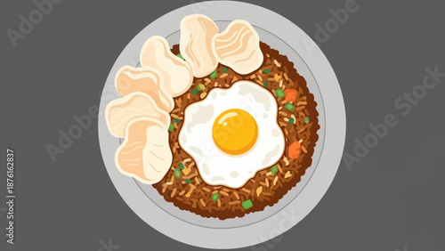 Nasi Goreng Indonesian Fried Rice with Fried Egg and Crackers, Flat Lay Top View