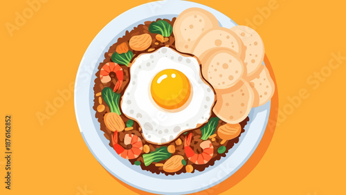 Nasi Goreng: Indonesian Fried Rice with Egg, Shrimp, and Crackers - Flat Illustration