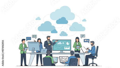 Business professionals collaborating on cloud computing and data analytics in a modern office setting.