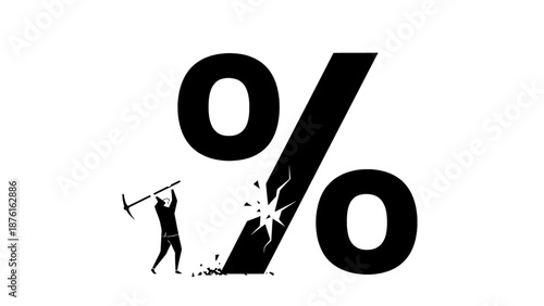 Black and white conceptual illustration of a person breaking a zero percent symbol, representing financial change, end of zero interest, and economic shift.