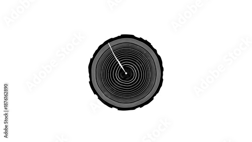 Monochrome illustration of a tree trunk with growth rings and a line.