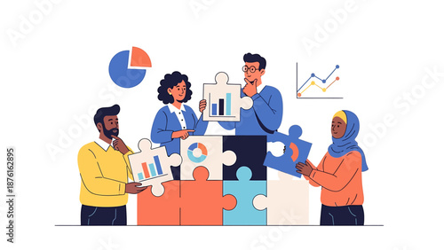 Diverse team collaborating on a business puzzle with data charts, symbolizing teamwork, strategy, and problem-solving in a corporate environment.