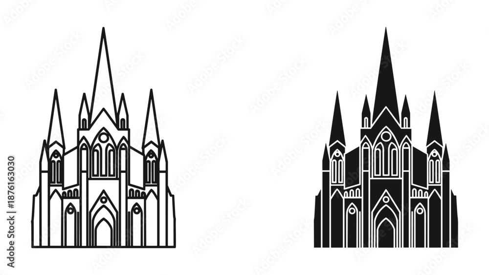 Fototapeta premium Gothic Cathedral Vector Illustrations - Outline and Shaded Styles