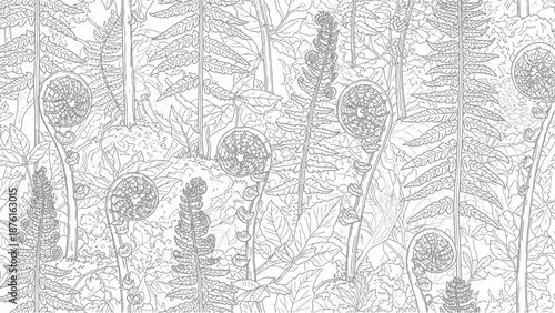 Monochromatic Fern Pattern, Forest Foliage, Nature Background, Outline Design
