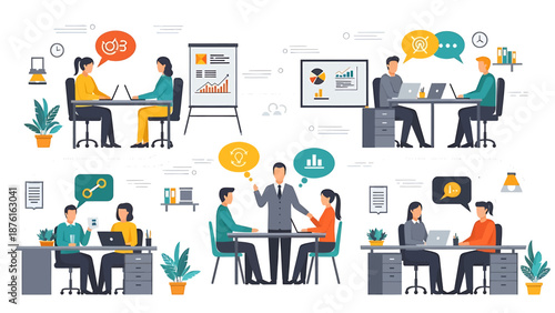 Various business meeting scenarios illustrating communication, collaboration, and teamwork in a professional office environment.