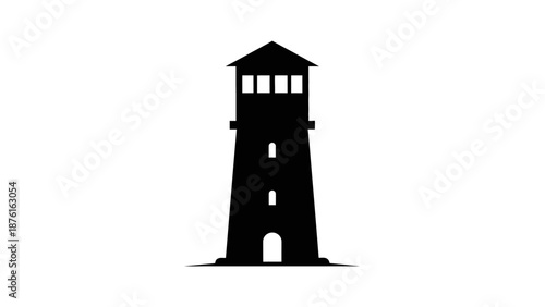 Silhouette of a tall watchtower against a white background.