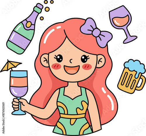 Red Haired Woman Drinking Wine And Beer