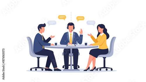 Three business professionals in a meeting, discussing ideas around a table with speech bubbles indicating communication.