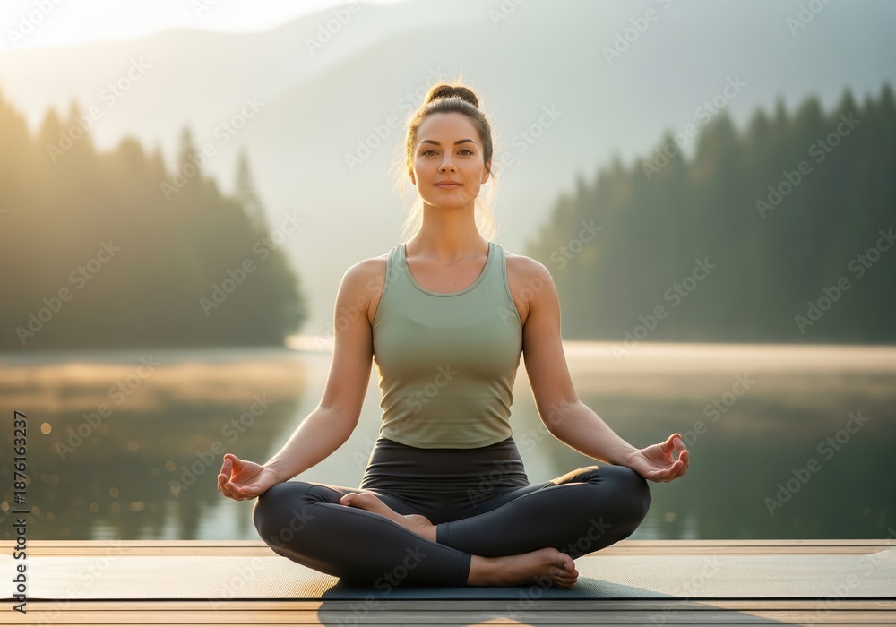 Fototapeta premium Woman meditating in lotus position by a serene lake at sunrise