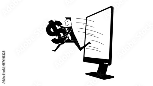 Conceptual vector illustration of a thief stealing money from a computer screen, representing online scams, cyber fraud, and digital crime.