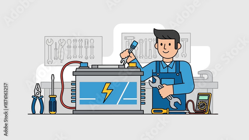 Mechanic Fixing Car Battery with Tools, Electrical Repair Service Concept