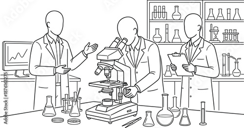 Scientific research laboratory line art illustration, scientists working with microscope and glassware, chemistry biology experiment, black white vector drawing