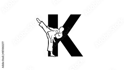 Martial Arts Karate K Letter Kick Silhouette - Black and White