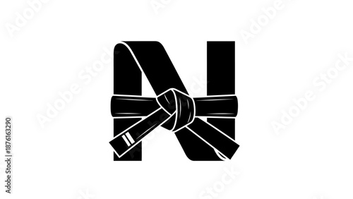 Martial Arts Black Belt Tied Around Letter N, Karate, Taekwondo, Judo, Budo