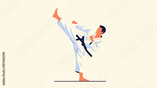 Martial Artist Performing High Kick in Traditional Karate Uniform