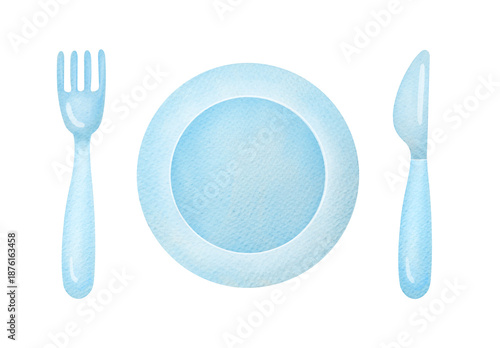 Watercolor Illustration of Blue Dinner Set: ceramic Plate, Fork, Knife isolated on transparent background, clip art and cut out element design set