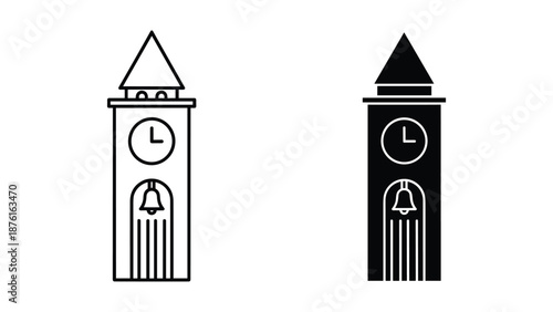 Vector Illustration of Clock Tower Icons in Dual Style
