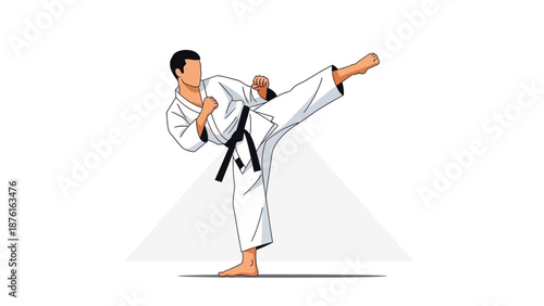 Karate fighter performing a high side kick in a white gi with black belt against a white background