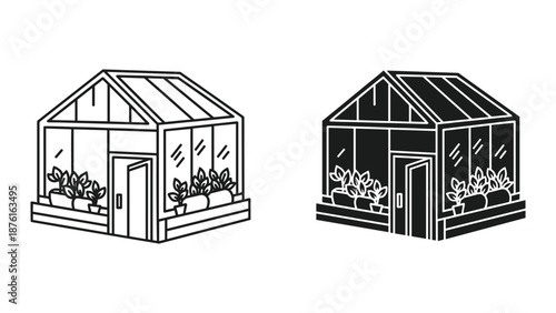Greenhouse Vector Illustration - Black and White Line Art