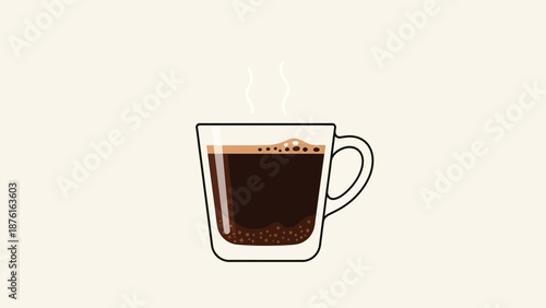 Hot Coffee in Glass Mug with Steam, Minimalist Vector Illustration