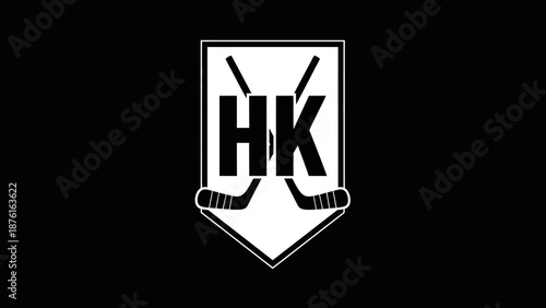Hockey Club Logo Emblem with Crossed Sticks and Initials HK, Black and White Icon