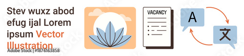 Job hiring, career search, recruitment process, bilingual communication, mindfulness, wellness. Vacancy notice, speech bubbles with language symbols lotus flower graphic. Job hiring and bilingual