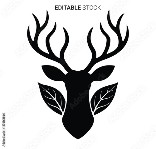 a black deer head with antlers and leaves silhouette high quality professional detailed