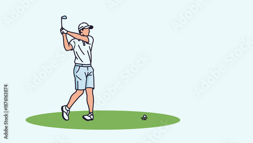 Golfer swinging club on green grass, golf ball on tee, illustration