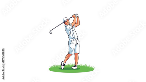 Golfer Swinging Club on White Background, Sports Illustration