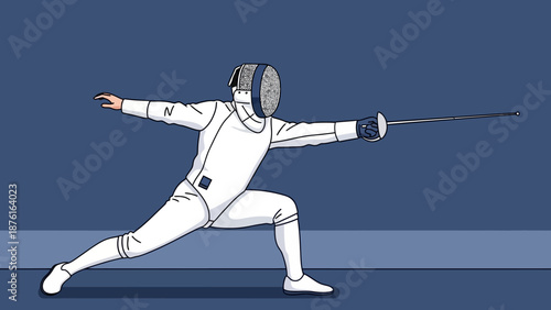 Fencer in action, lunging with foil sword, competitive sport, athletic pose