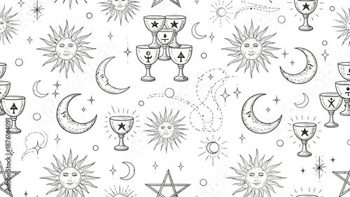 Esoteric Symbols Seamless Pattern: Sun, Moon, Stars, and Tarot Cups