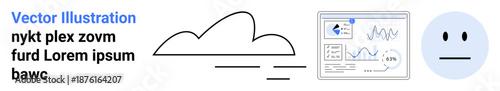Technology, data visualization, cloud computing, digital communication, emotions, infographics. a cloud, dashboard with graphs and neutral face. Technology and data visualization concept