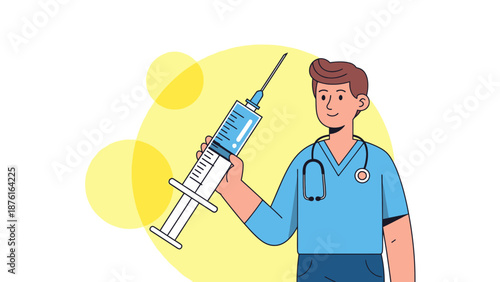Doctor holding a large syringe with blue liquid, medical concept