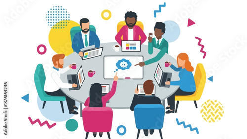 Diverse team meeting around a round table, brainstorming ideas with technology.