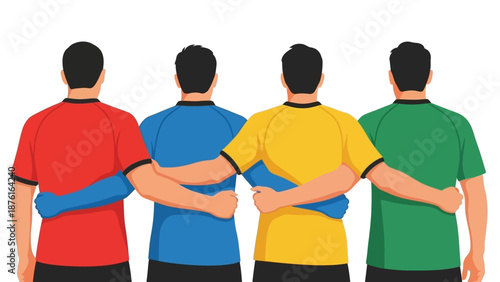 Diverse team unity, four men in colorful shirts with arms around shoulders, teamwork concept
