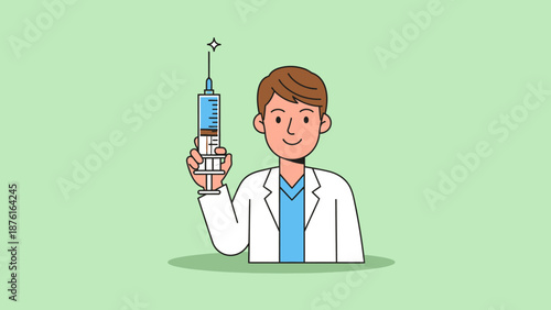 Doctor holding syringe with vaccine against green background, illustration