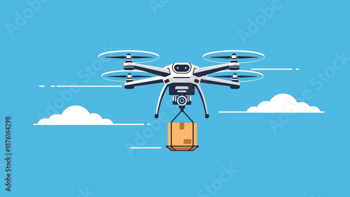 Delivery drone flying in sky with package, modern logistics concept