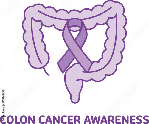 Visual representation of colon health awareness, featuring a human intestine outline with a purple ribbon, symbolizing support for early detection and prevention efforts