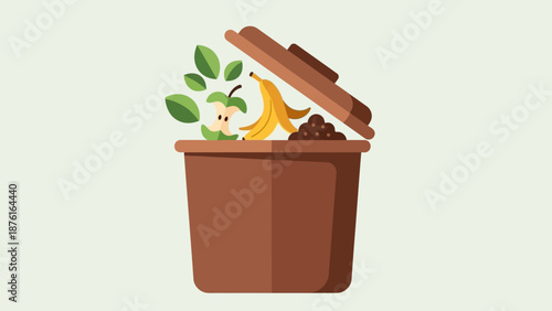 Compost Bin with Organic Waste: Apple Core, Banana Peel, Leaves, Soil