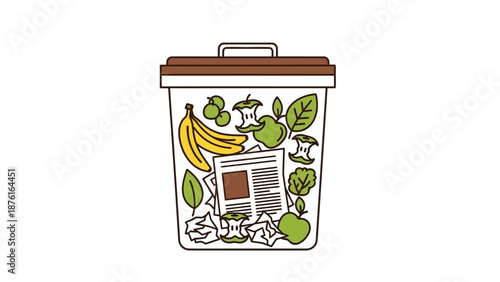 Compost Bin Filled With Organic Waste, Food Scraps, and Paper - Flat Illustration