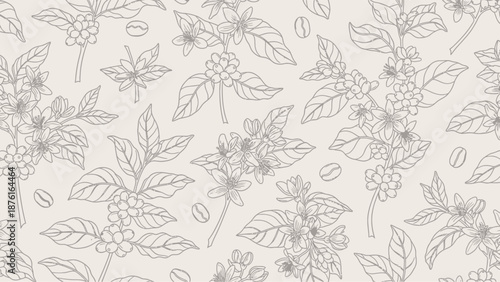 Coffee Plant Branches with Flowers and Beans - Hand Drawn Pattern