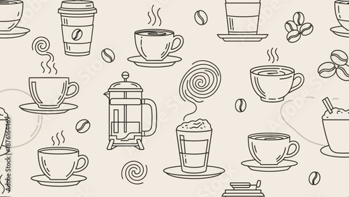Coffee Time Seamless Pattern: Cups, French Press, Beans, Drinks - Line Art