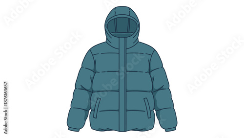 Blue Puffer Jacket with Hood, Winter Outerwear Clothing Fashion Isolated