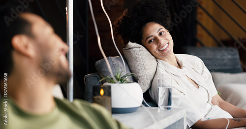 Tableau sur toile Woman, healthcare and couple in drip lounge, happy and immune system boost with hydration or saline