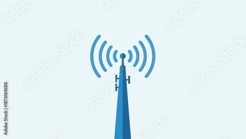 Blue signal tower emitting radio waves against a light blue background, wireless communication concept