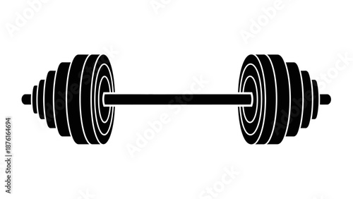 Black Silhouette of a Barbell with Weight Plates Isolated on White Background