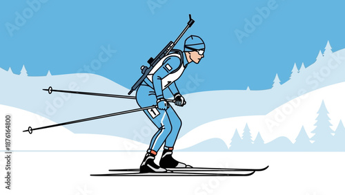 Biathlete skiing with rifle in winter landscape, active sport illustration